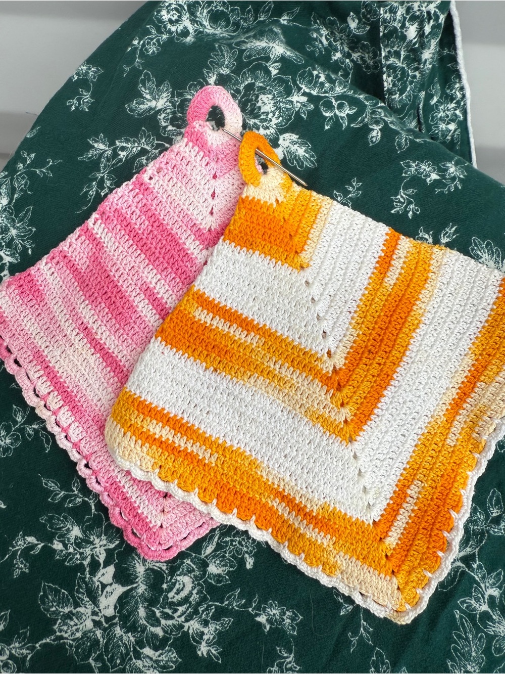 Vintage Pink White and Orange Crochet Cotton Pot Holders Handmade Homemade